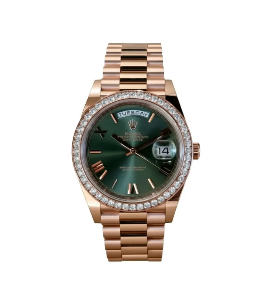 RLX "President" 40mm Everose Gold Olive Green Roman Dial Diamond Bezel - 228345RBR
