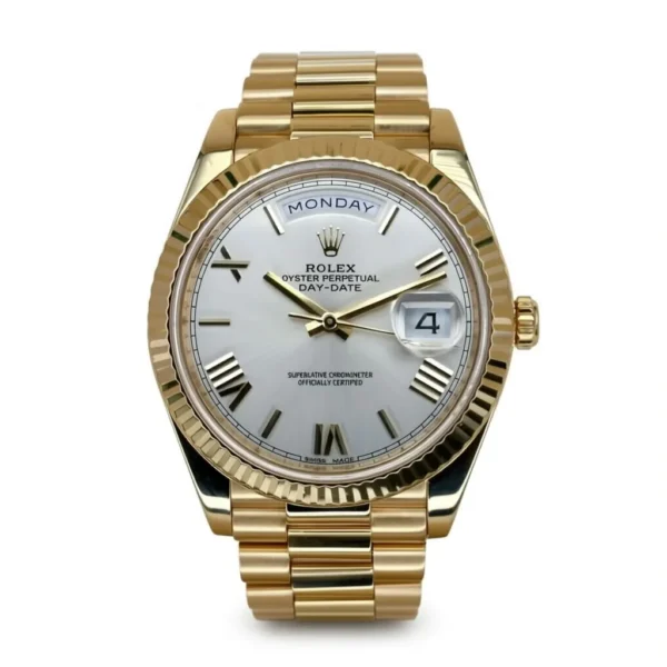 RLX Day-Date "President" 40mm Yellow Gold Silver Roman Dial - 228238