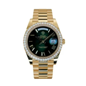 RLX Day-Date "President" 40mm Yellow Gold Green Ombre Dial Diamond Bezel - 228348rbr