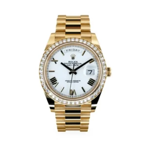 RLX Day-Date "President" 40mm Yellow Gold White Roman Dial Diamond Bezel - 228348rbr