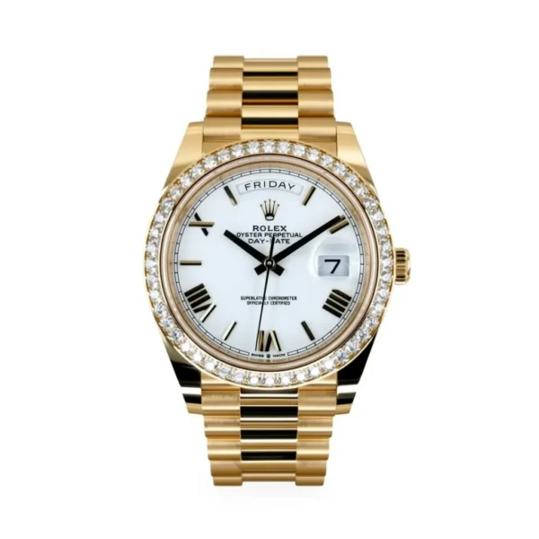 RLX Day-Date "President" 40mm Yellow Gold White Roman Dial Diamond Bezel - 228348rbr