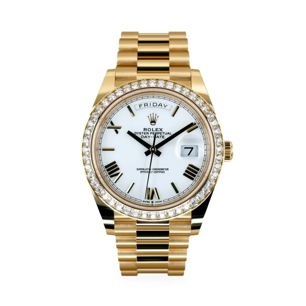 RLX Day-Date "President" 40mm Yellow Gold White Roman Dial Diamond Bezel - 228348rbr
