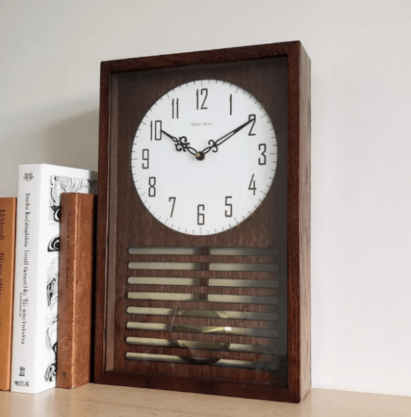Mid-Century Vintage Quartz Swing Table Clock with Musical Chime & Solid Wood Wall Clock