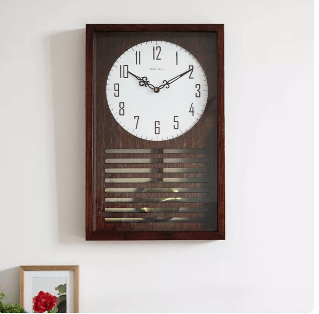 Mid-Century Vintage Quartz Swing Table Clock with Musical Chime & Solid Wood Wall Clock